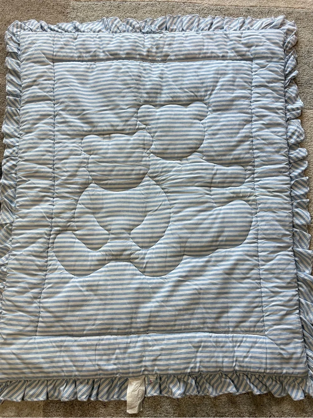 Vintage NoJo USA Teddy Bear Baby Blanket Quilt Playmat Ruffle Blue Striped 90s